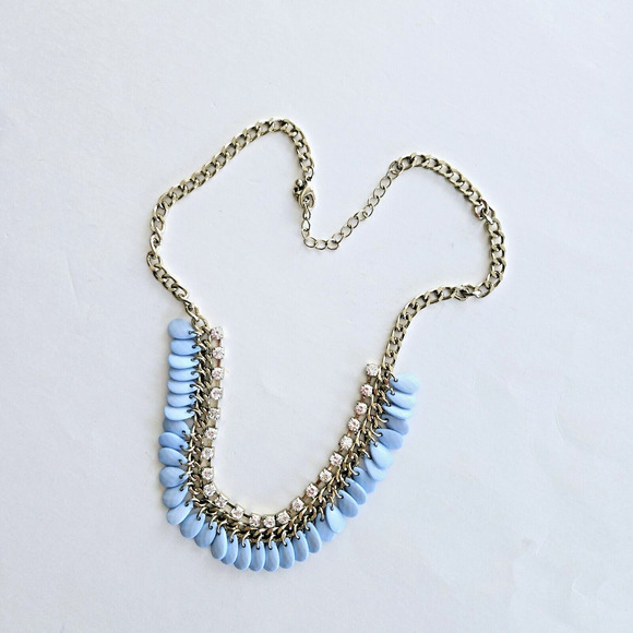 Statement Necklace Blue Beads Rhinestone Goldtone Chain Classic Retro Cocktail - Picture 11 of 12